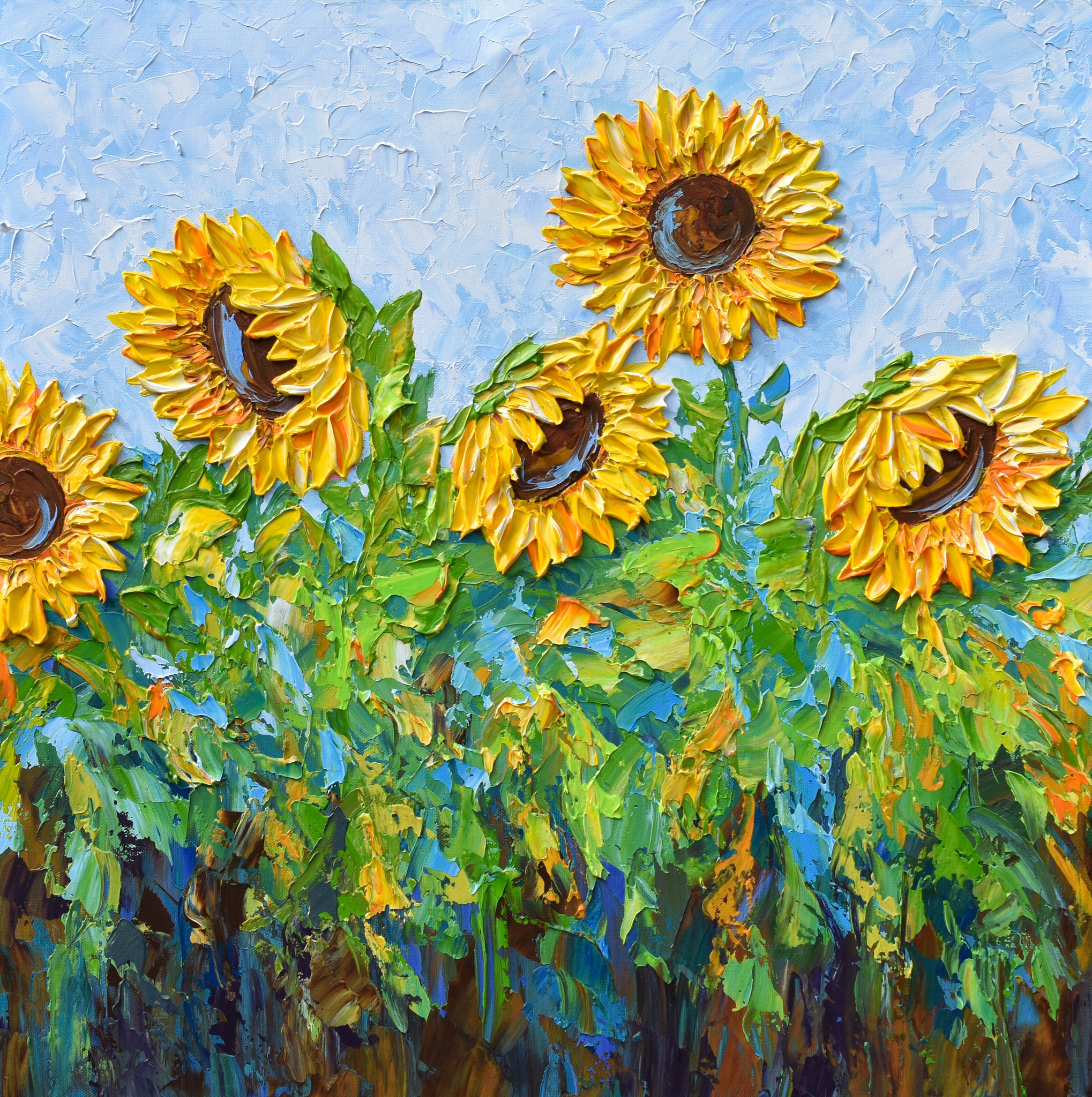 Sunflower Field, Impressionist Impasto Painting on Canvas 24