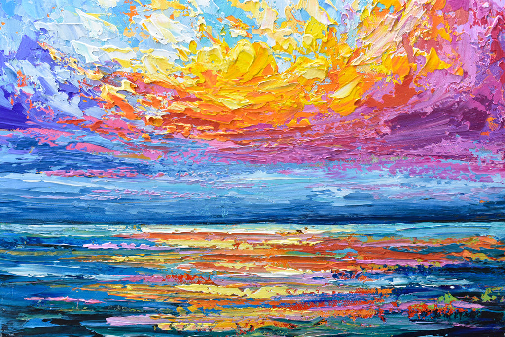Original impasto sunset ocean painting on canvas, palette knife