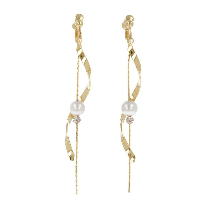 イヤリング パール ストーン チェーン ツイスト メタル ネジバネ式