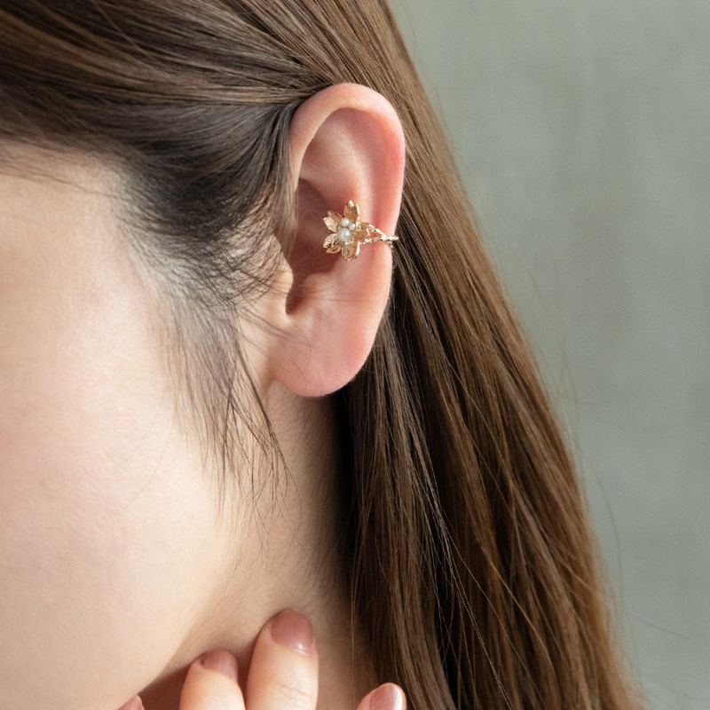 イヤーカフ ニッケルフリー メタル パール 桜 一輪 イヤリング 【左耳