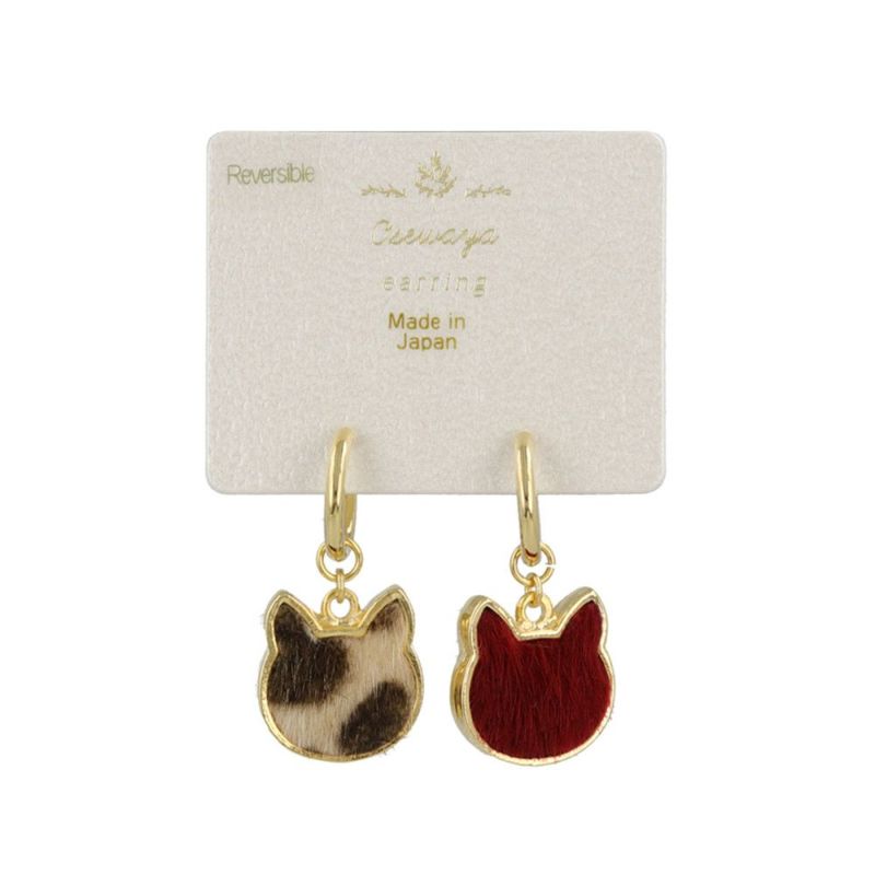イヤリング ネコ ハラコ風 無地×柄 リバーシブル ダルメシアン メタル