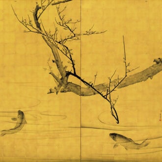 円山応挙「梅鯉図屏風」天明 7（1787）年 二曲一隻 紙本金地墨画