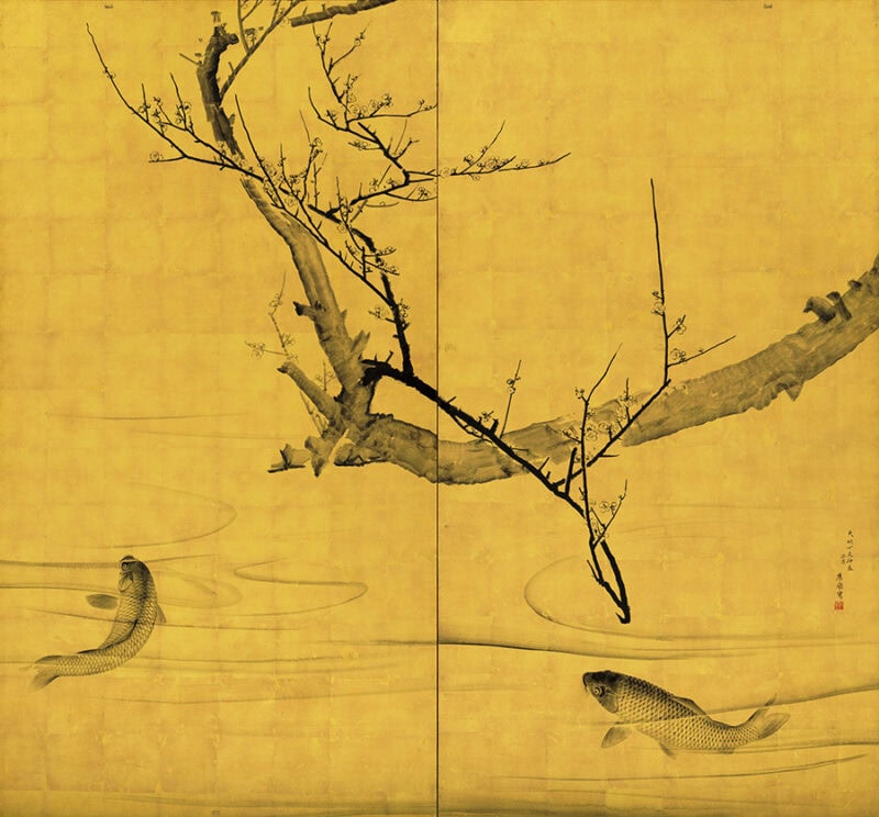 円山応挙「梅鯉図屏風」天明 7（1787）年 二曲一隻 紙本金地墨画