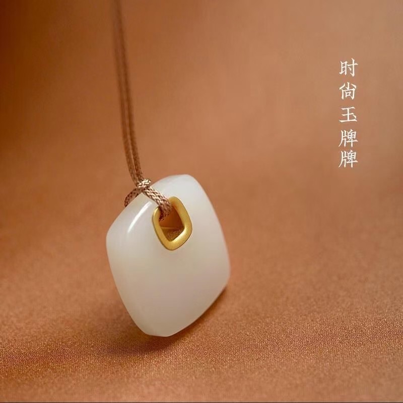 和田玉新品白玉玉牌纯银包金镶玉牌时尚玉牌镂空玉器墨玉牌镶玉坠- 清秀