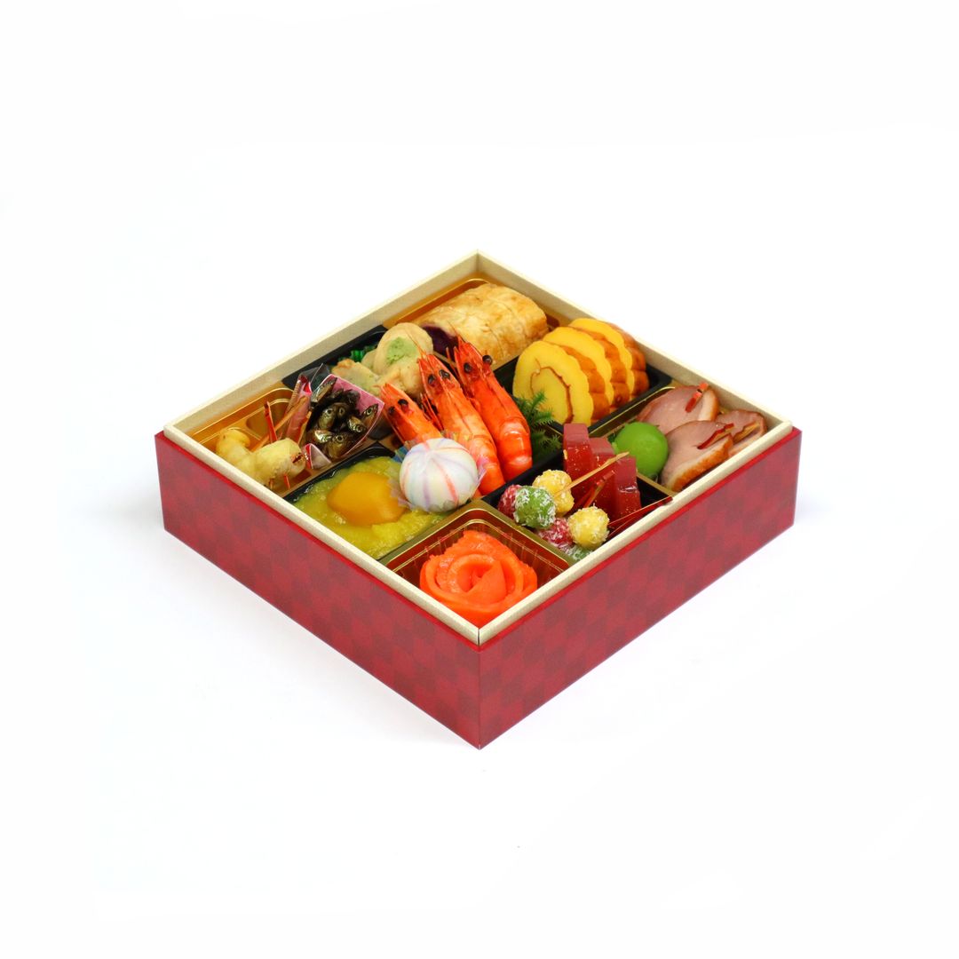 紙製デリカおせち重箱 赤格子 正方形M（6.5寸）の容器・商品ページ