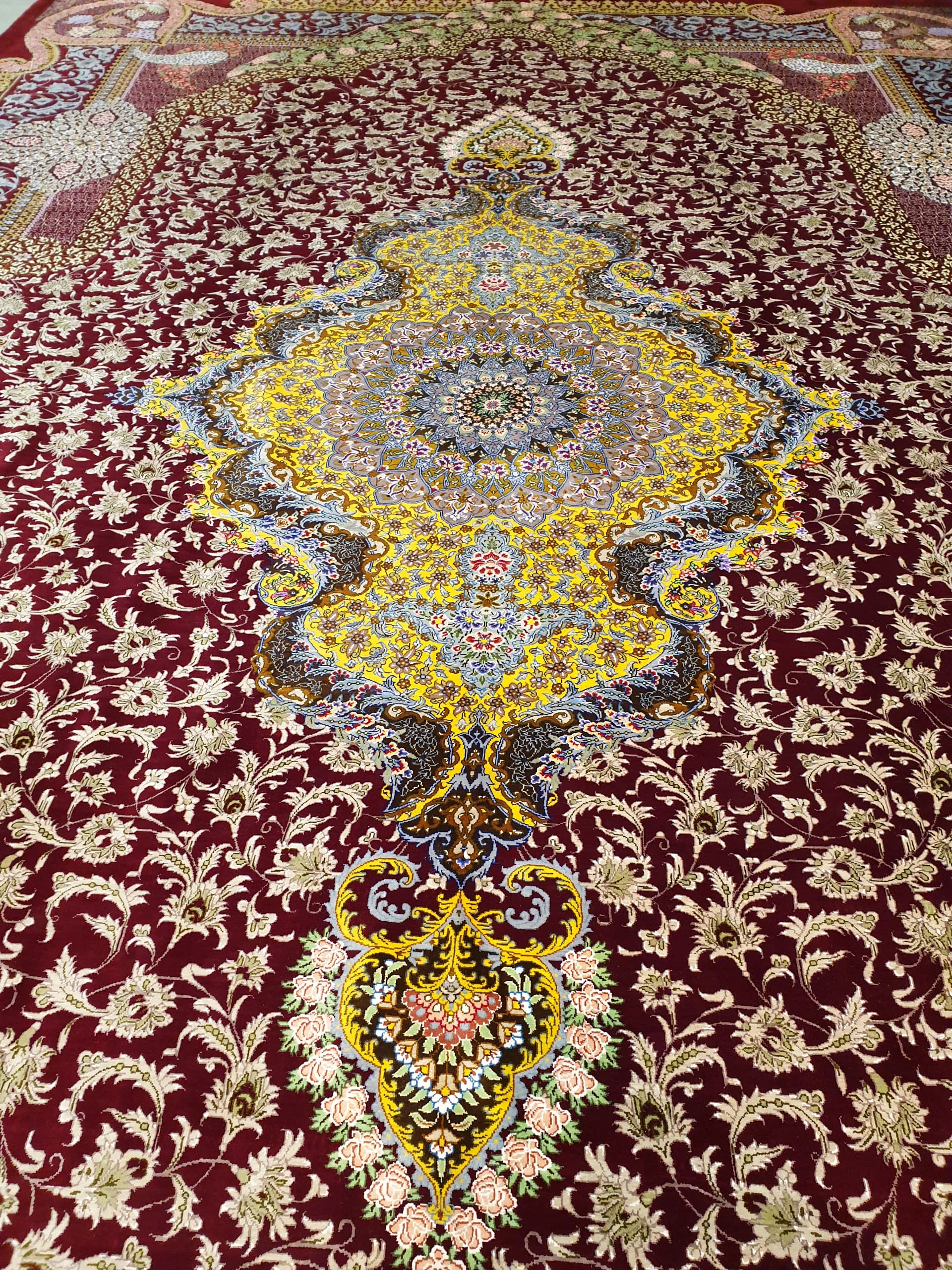 高級ペルシャ絨毯クム産シルク100％ サマディ工房 301×200cm（FN-10050