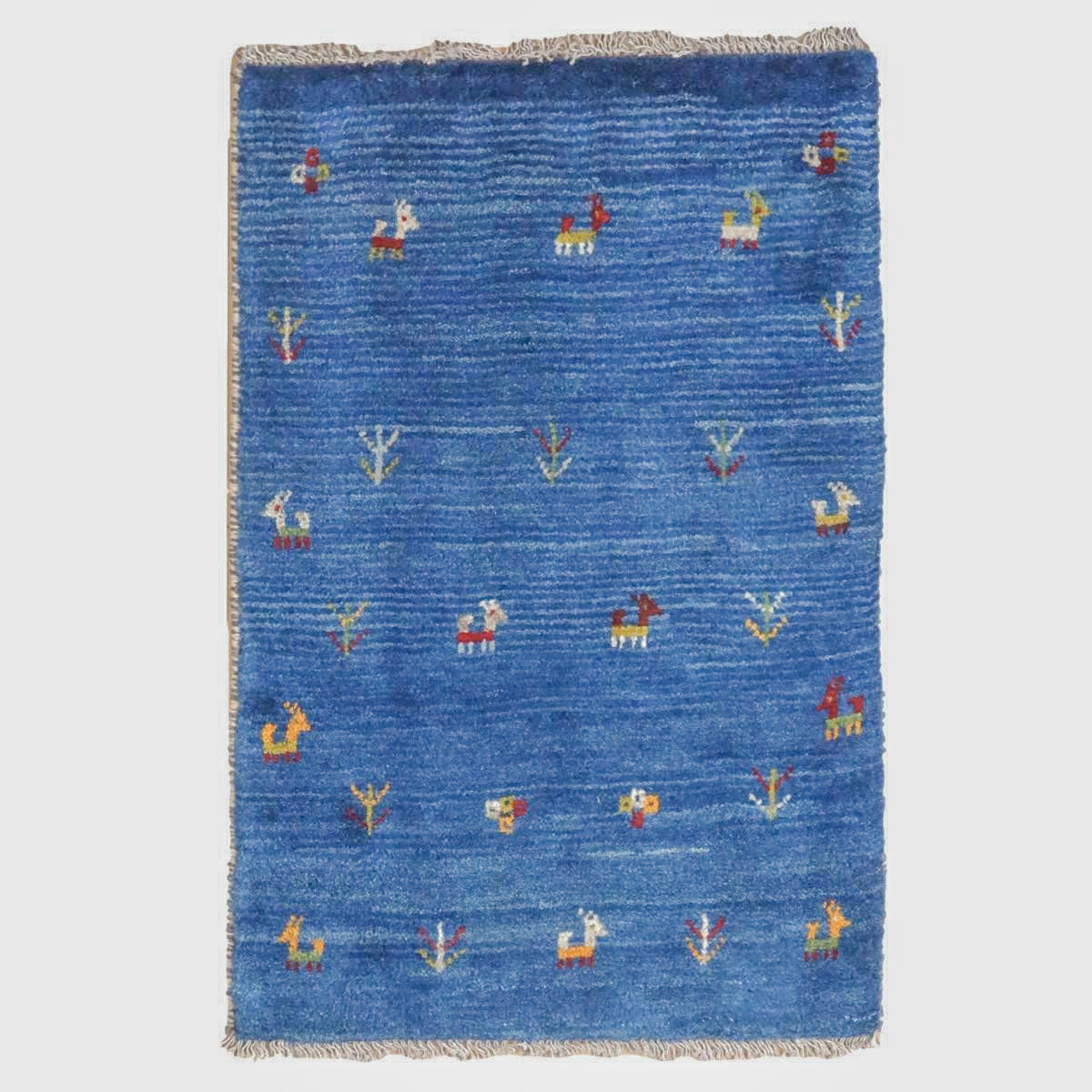 ギャッベ,玄関マット,95×63cm｜ブルー・手織りウールラグ,動物＆植物柄