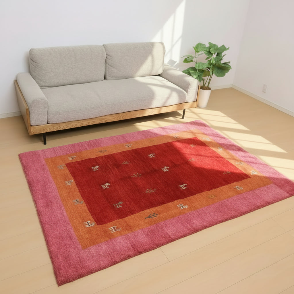 ギャッベ,ラグ,209×144cm,手織り,ウール,ペルシャ絨毯,ピンク×レッド