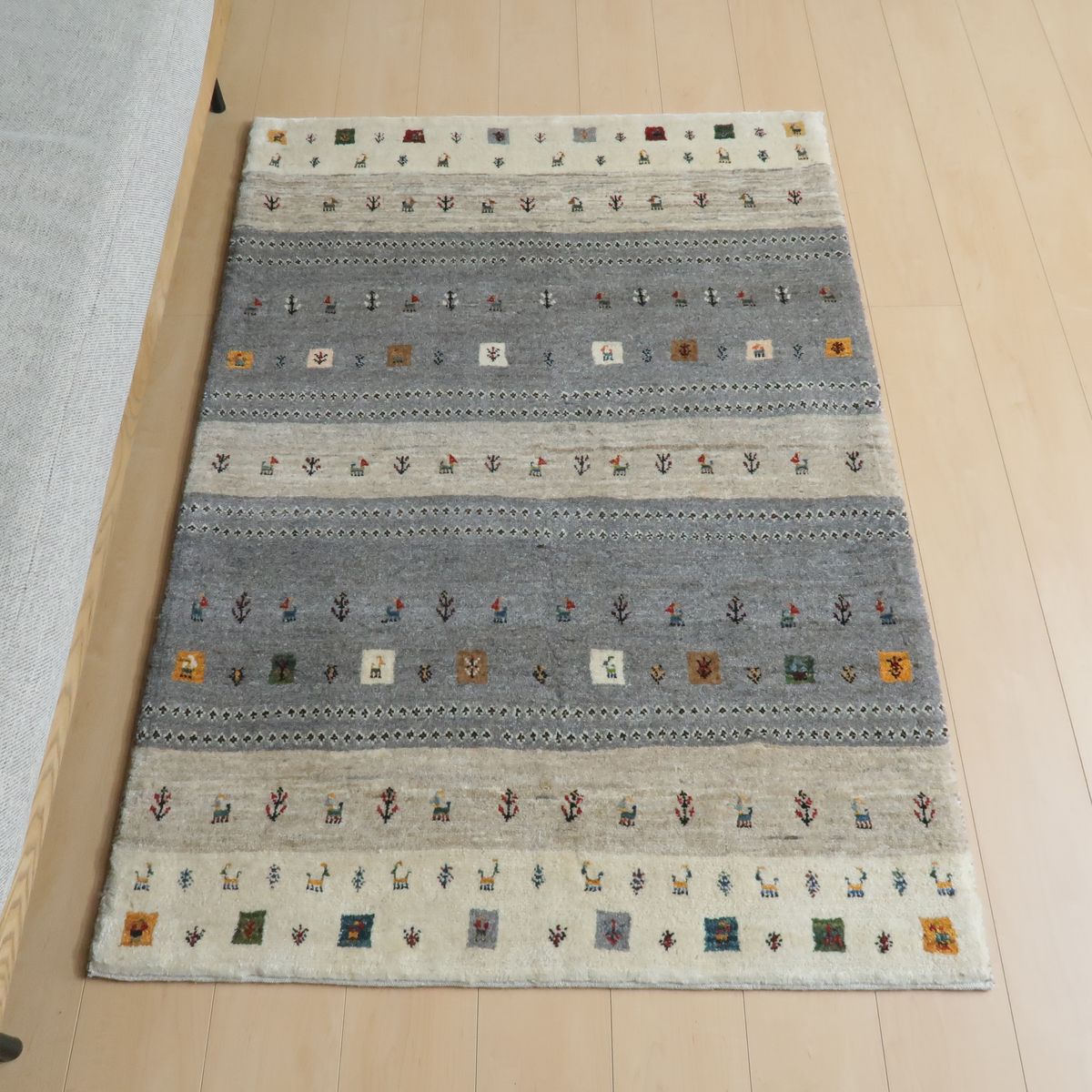 ギャッベ,カシュクリ,ラグ,グレー＆アイボリーボーダー,151×105cm