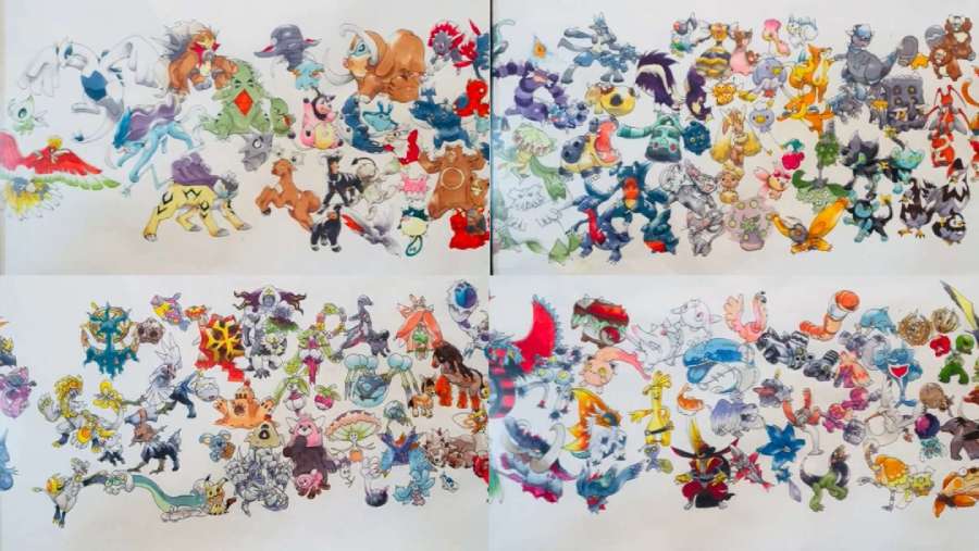ポケモン全1008匹を手描き！ 12メートルの絵巻風イラストに感動