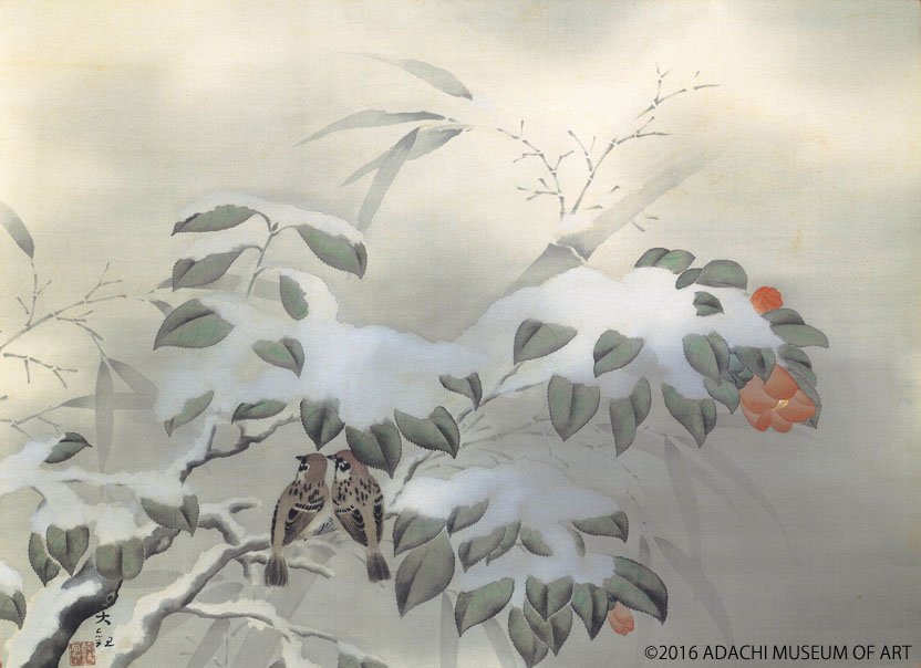 横山大観《冬之夕》1925年 藪椿（やぶつばき）の下で寄り添いながら羽