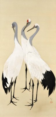 川端龍子《鶴鼎図》（山種美術館）は、丹頂鶴の集う様子を中国の祭祀器