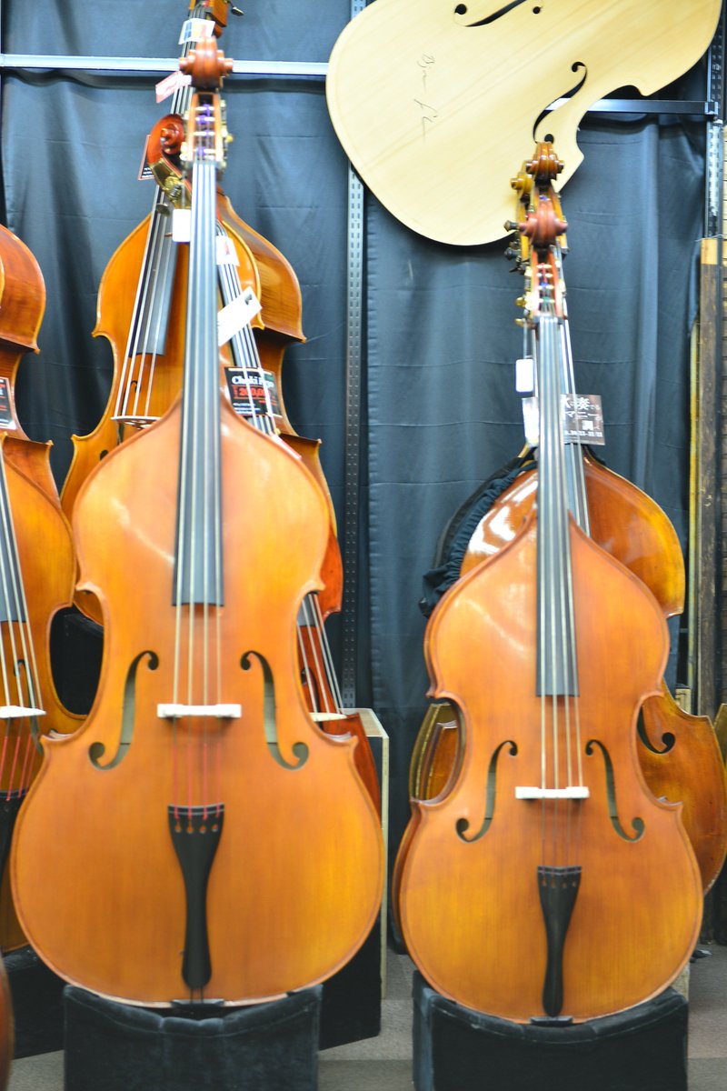 左3/4サイズ 右1/4サイズ コントラバスの親子の図。 Gliga Genial 1/4