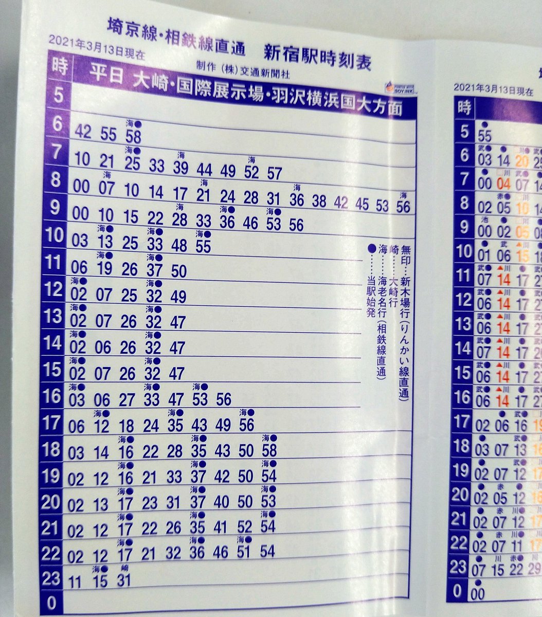 ポケット時刻表も埼京線・相鉄線直通で1面、湘南新宿ラインとN'EXで1面