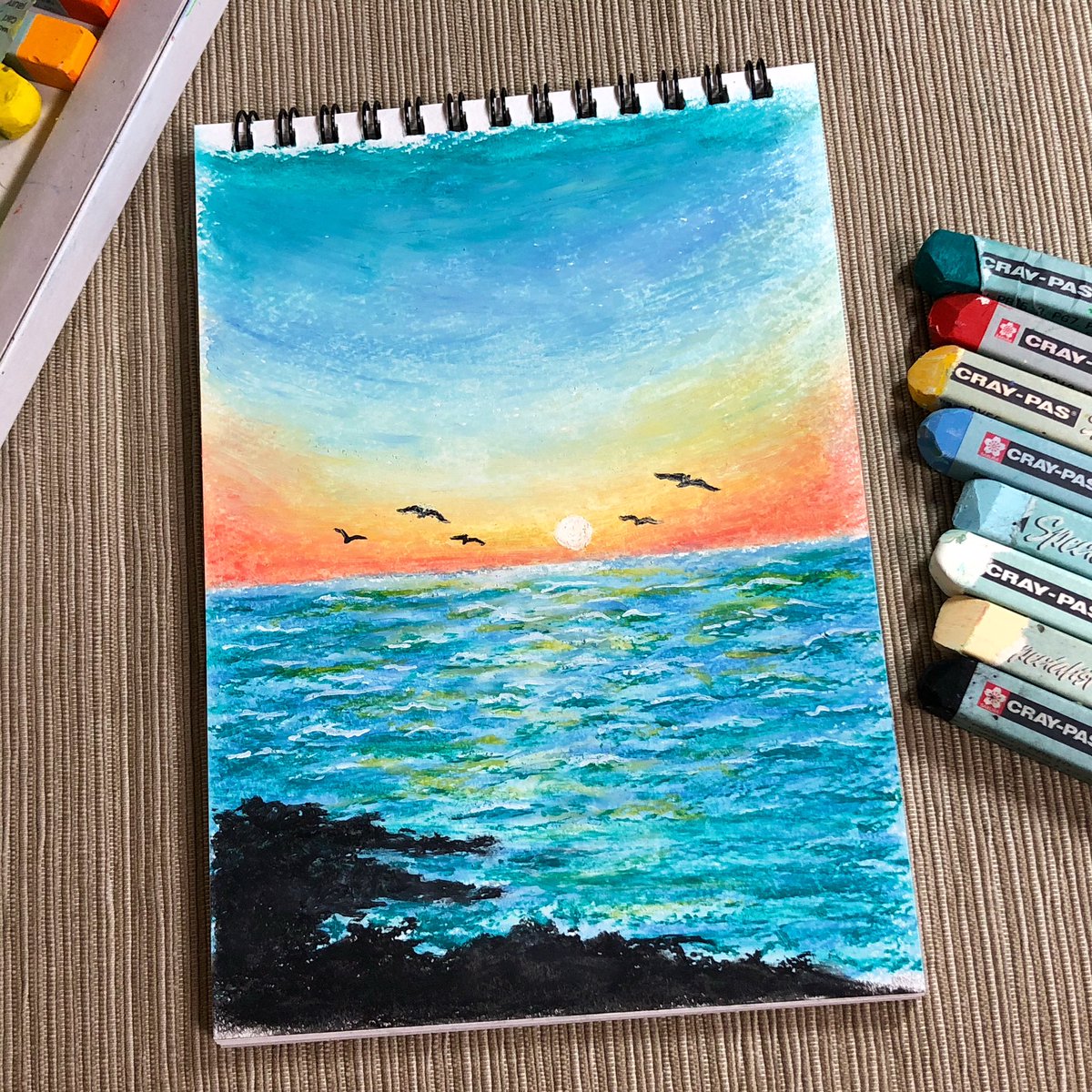 糸島の浜辺（福岡県）風景画 クレパス画原画 【公式通販】