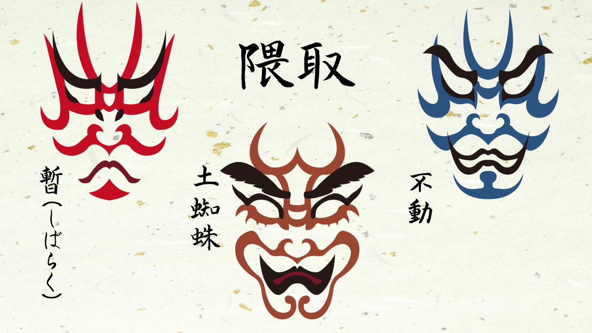 隈取（くまどり）》 歌舞伎の特徴的な化粧法。 主に荒事・武道事の役に