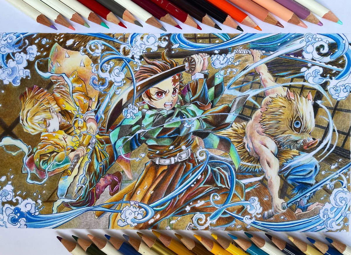 鬼滅の刃 鼓屋敷編 描いてみた。 20時間くらいかかりました😭 楽しんで