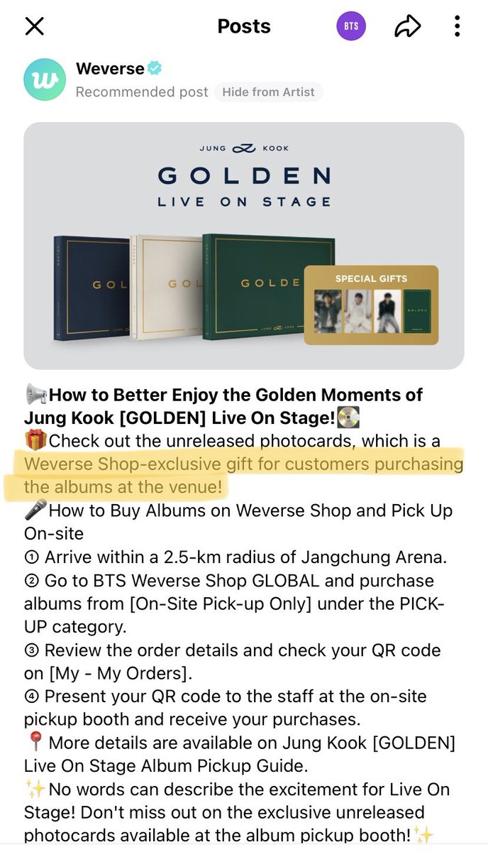 JK - GOLDEN LIVE ON STAGE ON-SITE Album Pickup Special Gift PCs