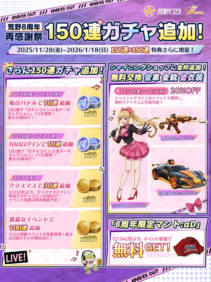 ◤￣￣￣￣￣￣￣￣￣￣ 荒野8周年 再感謝祭 150連ガチャ追加
