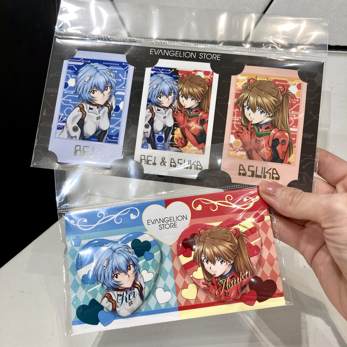 エヴァンゲリオン ハート型缶バッジ チェキ風カードセット アスカ レイ