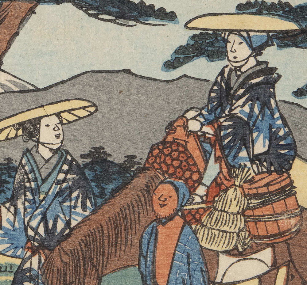 ほがらかな表情で道中を行く荷物持のおじさん。その息子でしょうか、馬