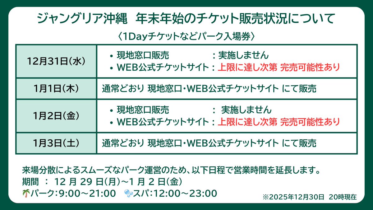 重要：チケット販売についてのご案内（12/30更新）】 年末年始にかけて