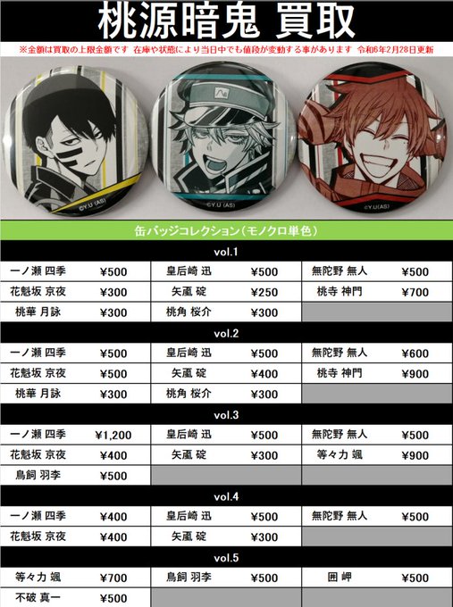 買取情報】 『#桃源暗鬼』 缶バッジコレクションvol.1～vol.5