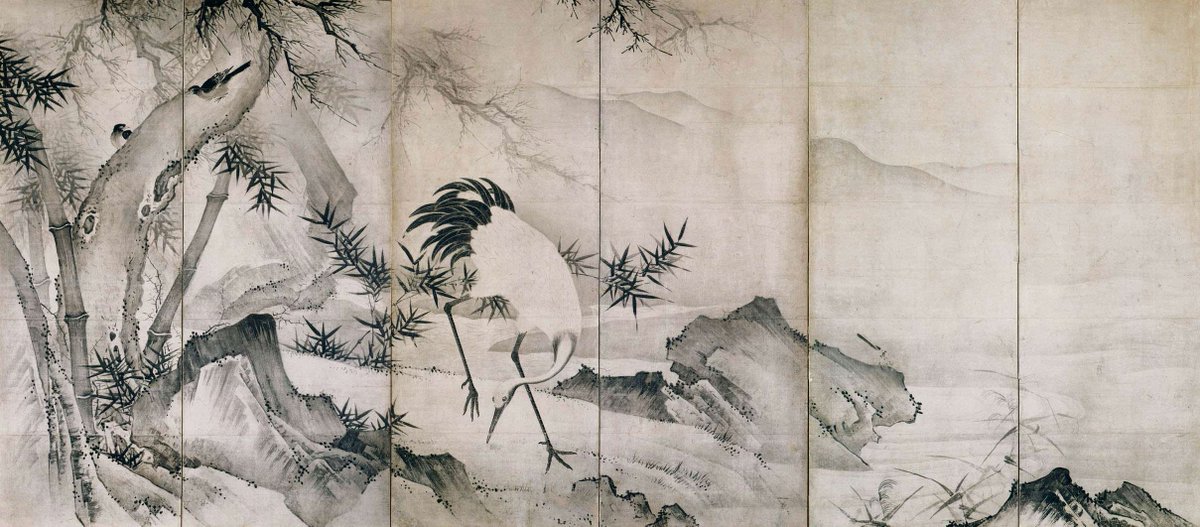 狩野 正信 かのう まさのぶ Kanō Masanobu 1434–1530 《竹石白鶴図屏風