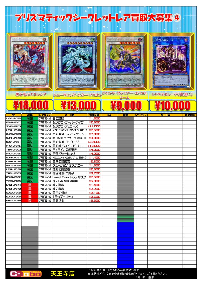 遊戯王 買取情報】 プリズマティックシークレットレアの買取一覧表です