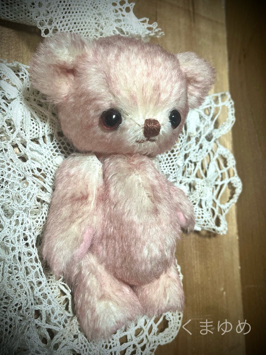 ピンクのチップドモヘアのふくらくまちゃん、ジョイントまでできました