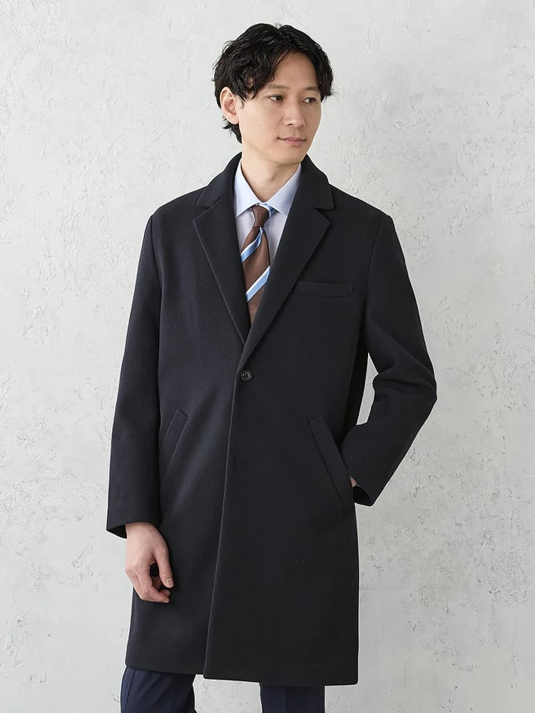 ネイビー 【洗える】ニードルパンチ チェスターコート ブラック