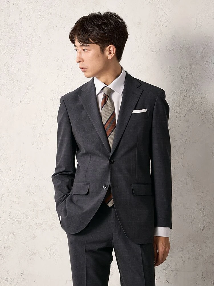 ネイビー 【上下洗える】TRANS CONTINENTS 2釦 グレンチェックスーツ