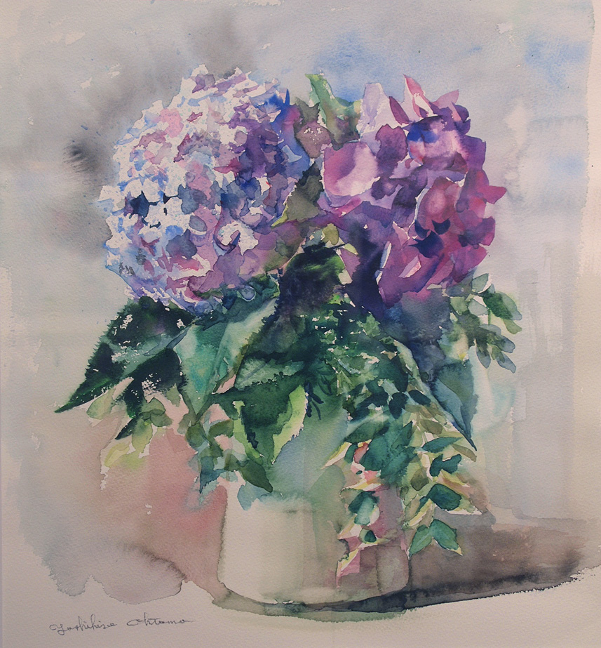 紫陽花の描き方☆先生の実演 : デルフトブルー☆