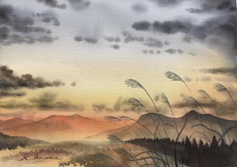 秋のススキ : 青山一樹 水彩画のひととき