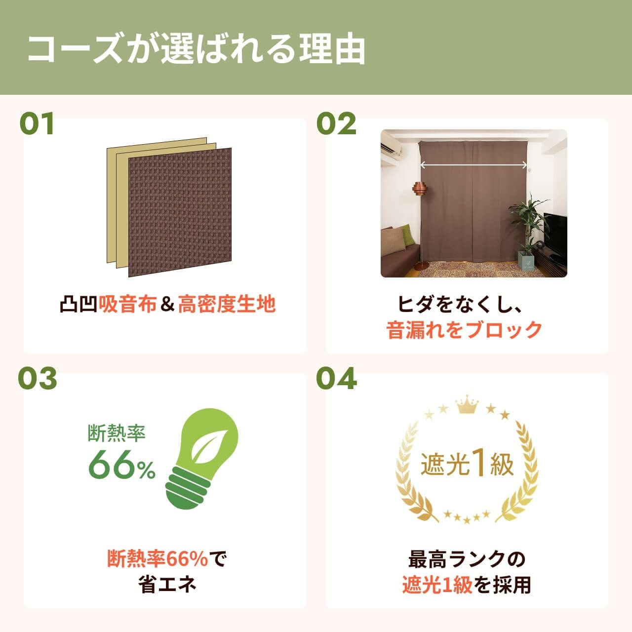 5重構造の防音カーテン コーズ 幅110cm×丈200cm 1枚 | 防音専門ピア