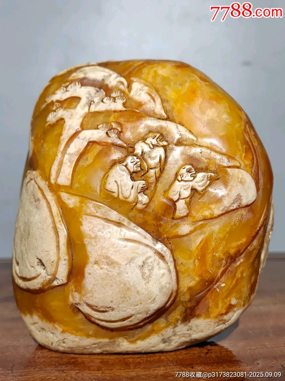 珍藏田黄石薄意闲章【松山观景圖】田黄原石原色（硬）料纯手工雕刻