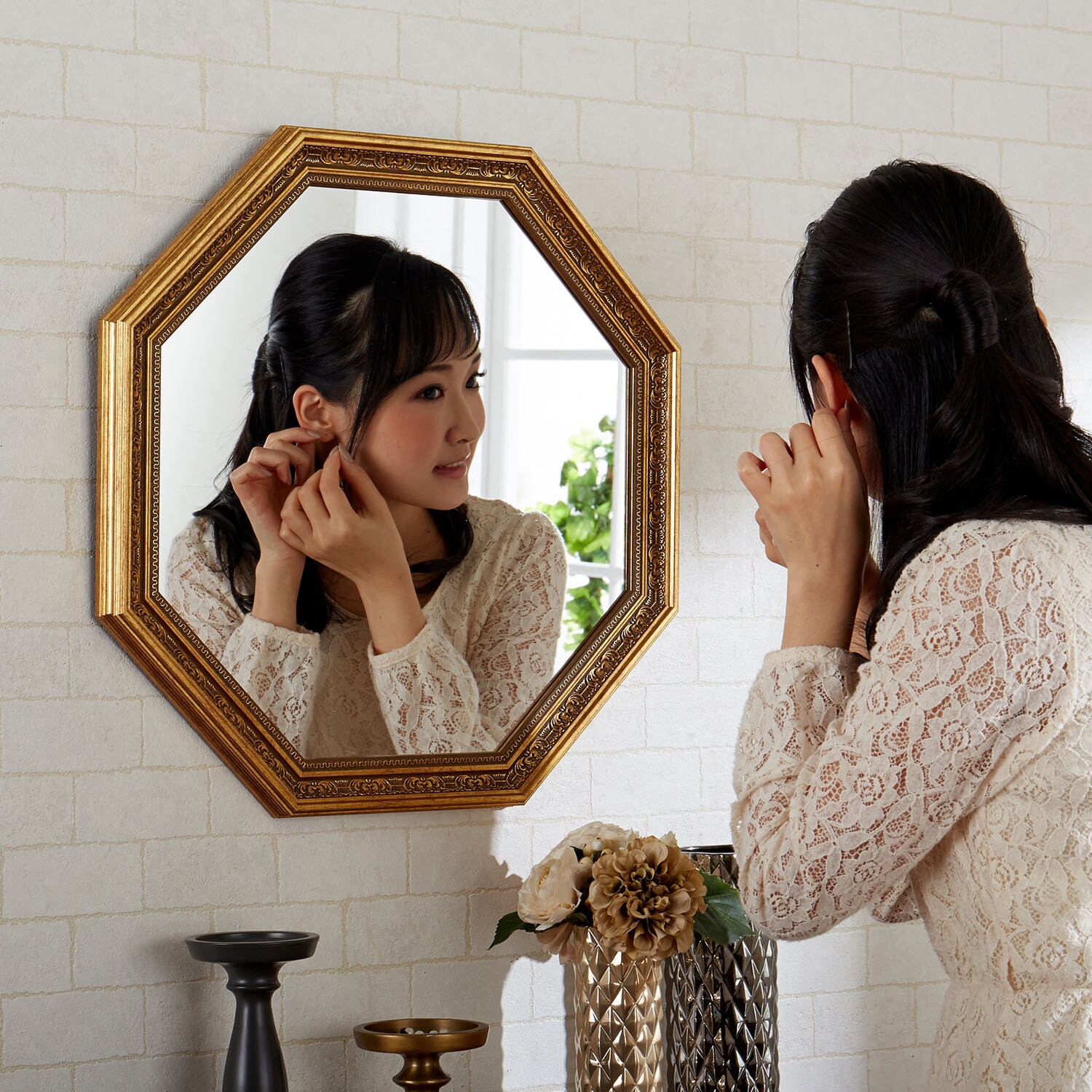 アンティーク調風水八角鏡（スタンドミラー/姿見/全身鏡）｜通販の