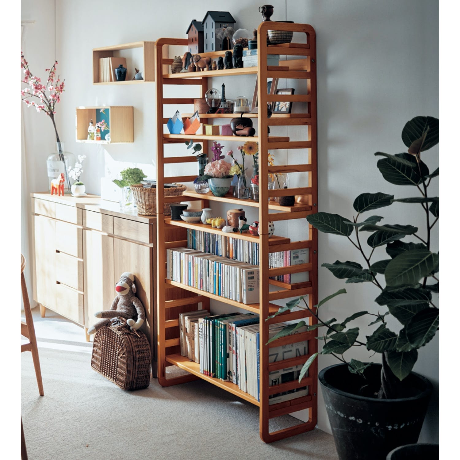 ビーチ材のディスプレイしやすいダブル棚板ラック（本棚/書棚/ブック