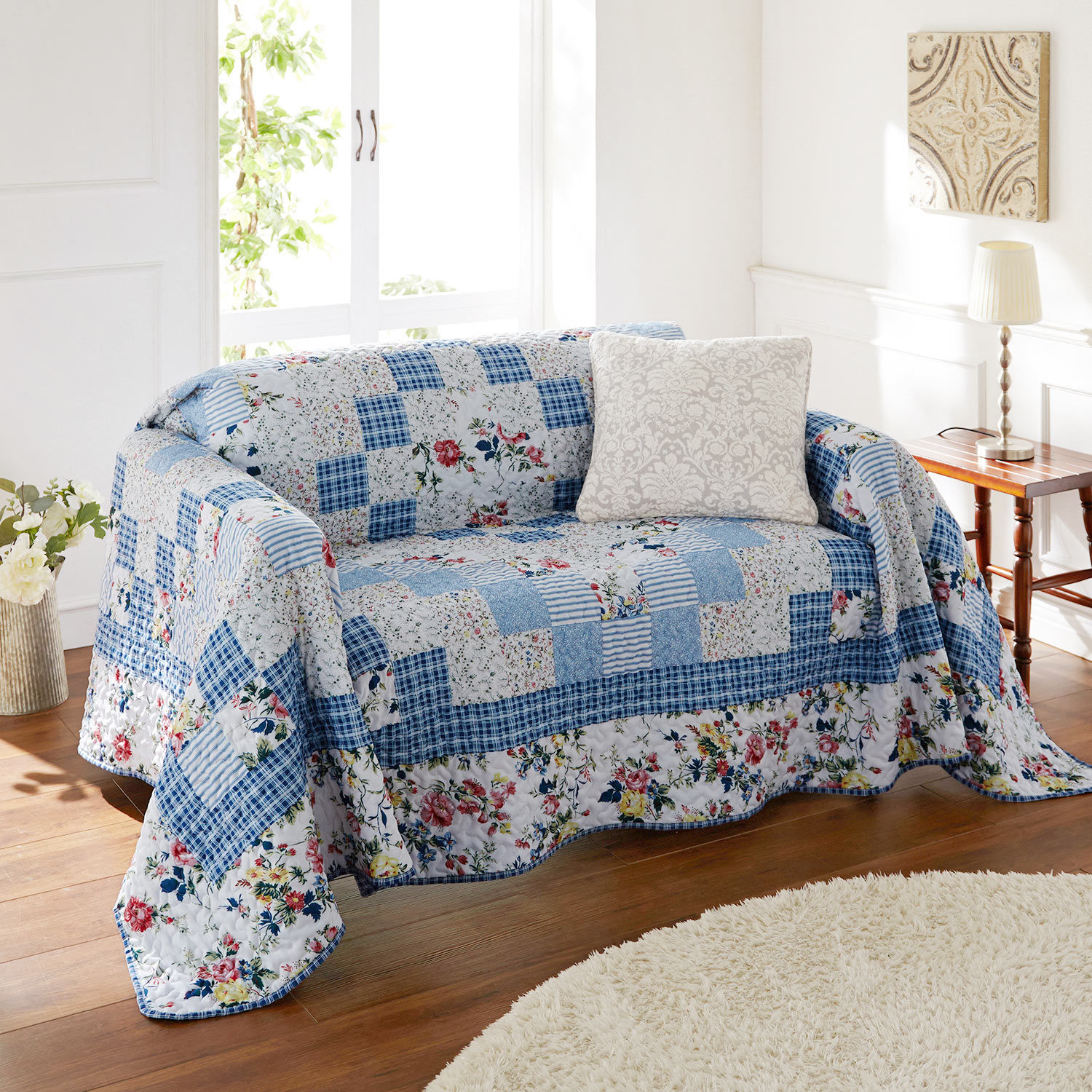 ウォッシュ加工のパッチワーク調キルトマルチカバー・ソファーカバー