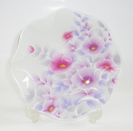 昭和レトロ 川村硝子工芸 銘々皿【通販 花柄 山茶花 ケーキ皿 ガラス