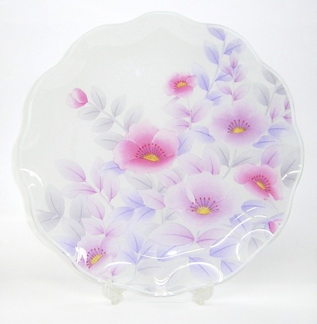 昭和レトロ 川村硝子工芸 大皿【通販 花柄 山茶花 ガラス大皿】山口