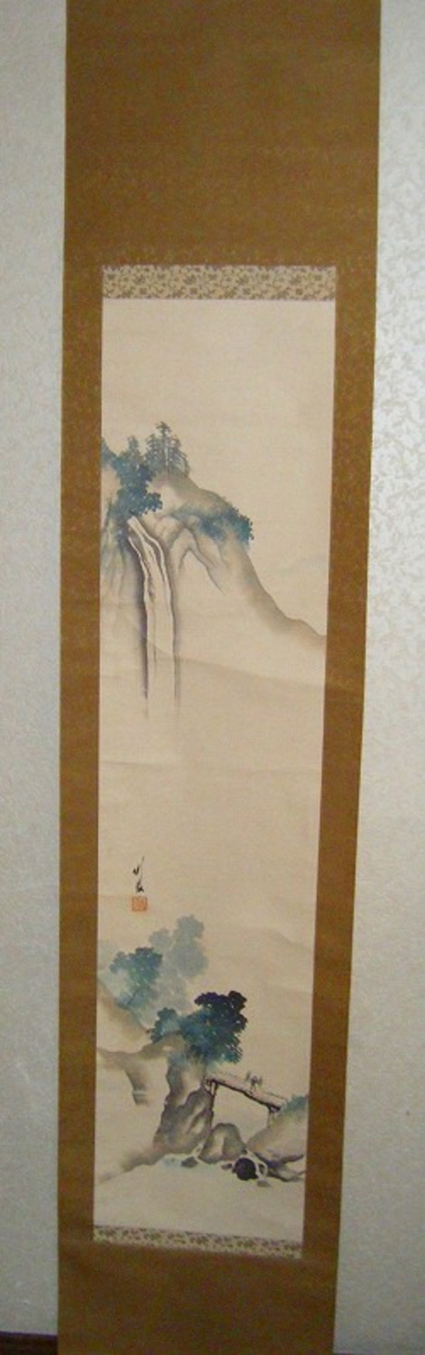 明治 大正 浮世絵 彩色 肉筆 掛け軸「尾竹竹坡 青山懸瀑」箱付き 共箱