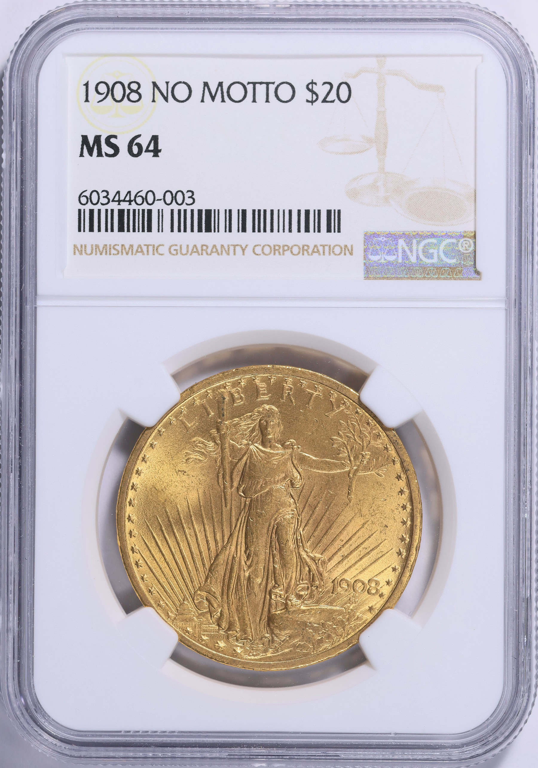1908 Saint-Gaudens Gold Double Eagle No Motto NGC MS-64 (Item