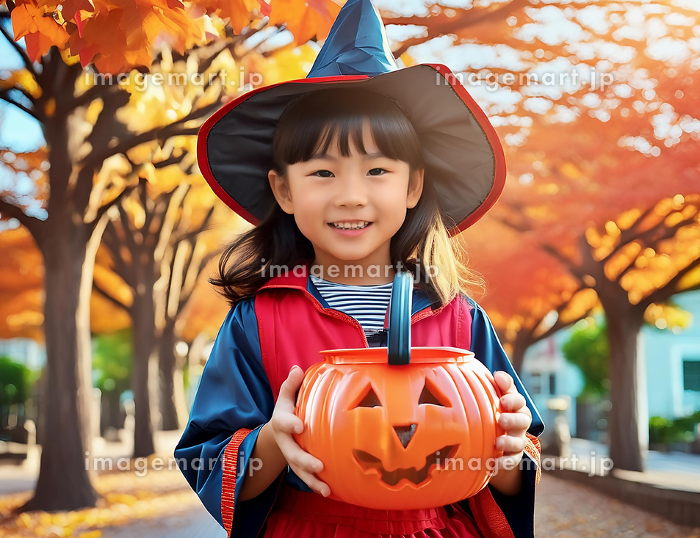 ハロウィンの仮装でカボチャを持つ女の子（生成AI）のイラスト素材