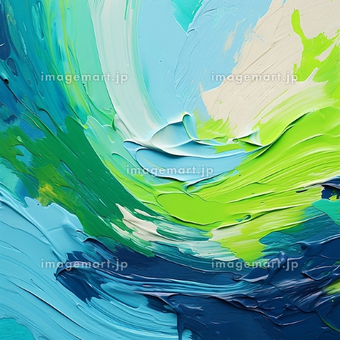 カラフルな抽象油絵背景正方形バナー）曲線的なデザインの黄緑と水色と