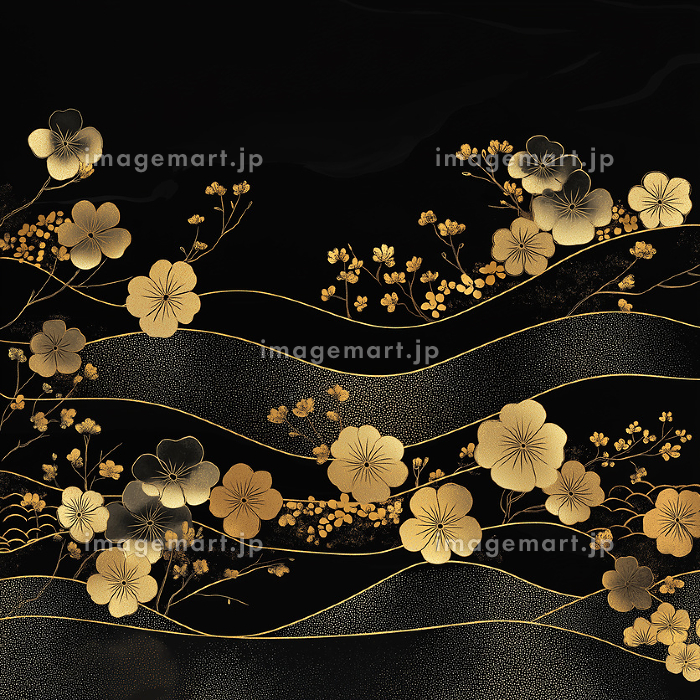 黒と金の和風背景 和柄デザイン 高級感ある桜と波模様 和風テクスチャ