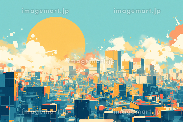 都市の夕暮れ・パステルカラーのノスタルジックでレトロポップな風景