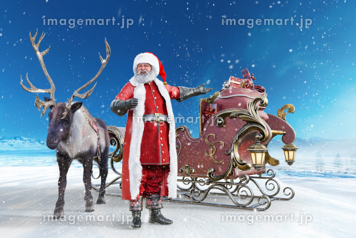 サンタとトナカイとプレゼントを積んだソリのイラスト素材 [228442592