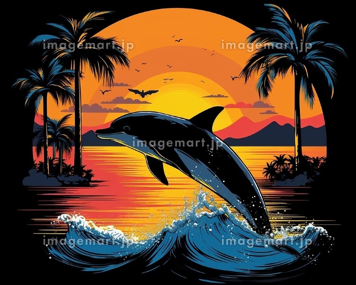 イルカとヤシの木のある夕日のイラスト素材 [227527342]｜毎月1点無料