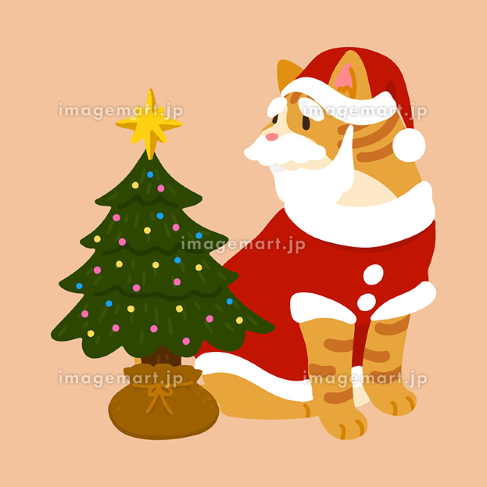 クリスマスツリーの横で座る可愛い茶トラ猫サンタクロースのイラスト